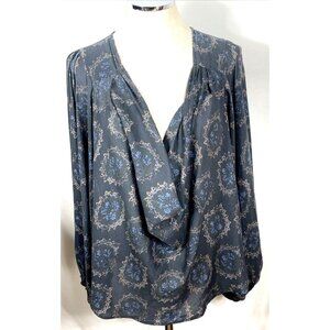 Free People Womens Gray Blouse Sz L Cowl Neckline Balloon Sleeve Silky Floral